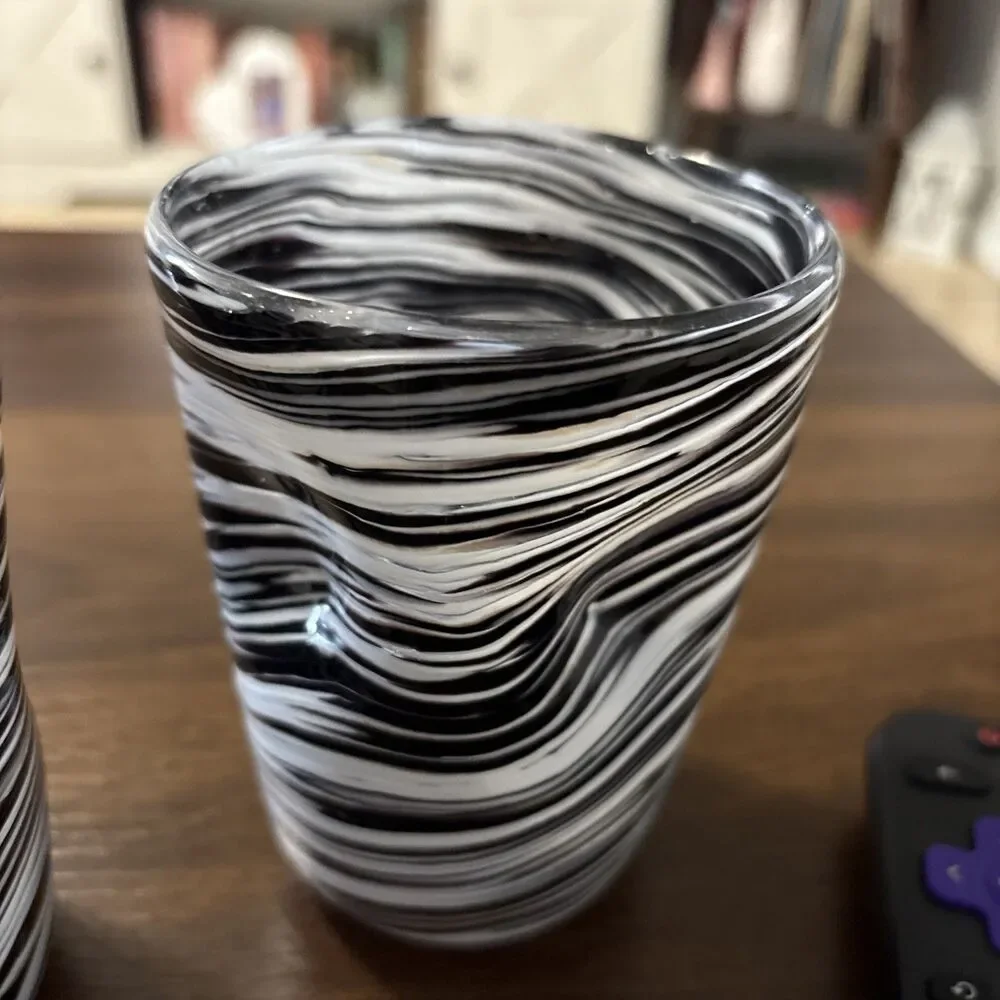 Murano Style Hand Blown glass vintage tumblers Mid Century Modern Black And Whte